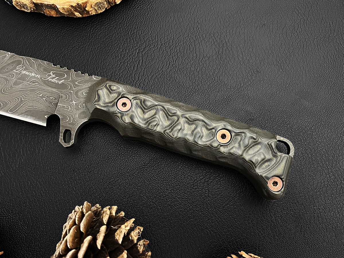 Valor SELECT | Dawson Select Steel | Backpacking, Field + Camp Knife | Forest Camo G10